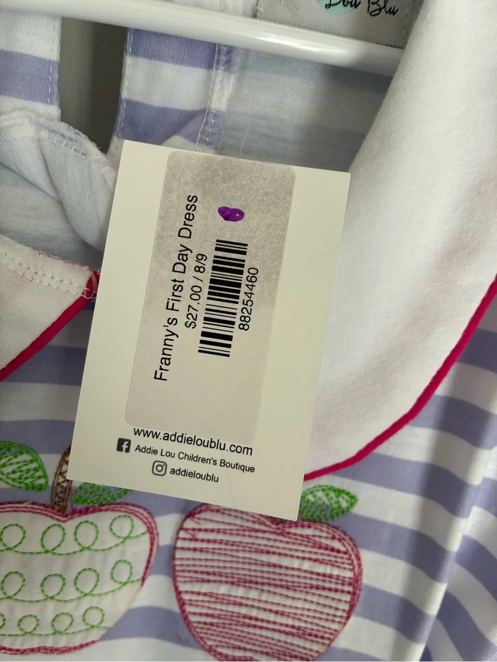 NEW Addie Lou Blue Back to School Apple Pink Purple Striped Dress Size 8/9